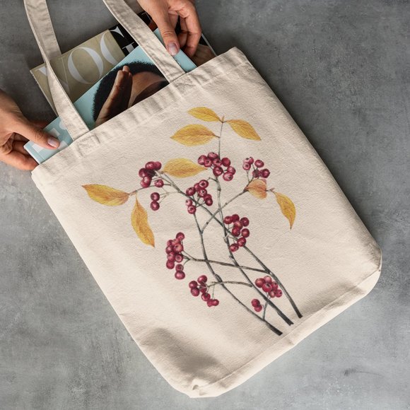 Red Chokeberry Vintage Watercolor Botanical Print Graphic Canvas Tote Bag - Picture 2 of 5